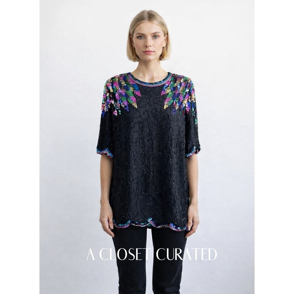 Vintage 1980s Jewel Queen Silk Beaded Blouse Black Multi